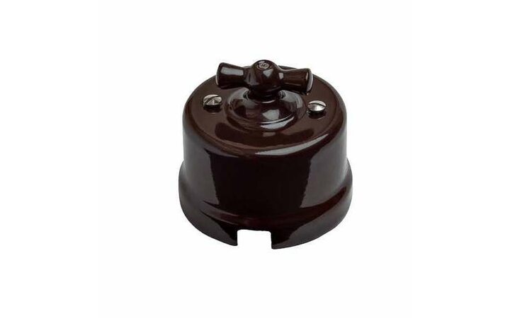 фото - Выключатель проходной поворотный 1-кл. ОП Лизетта 10А IP20 ретро 2 полож. керамика корич. Bironi B1-201-02