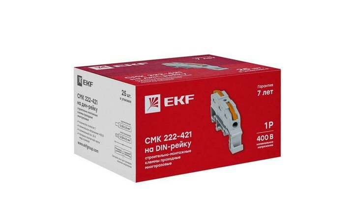 фото - Клемма строительно-монтажная СМК проходная 222-421 1п 0.08-4кв.мм на DIN-рейку (уп.25шт) PROxima EKF plc-smk-421-din