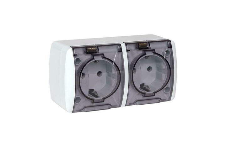 фото - Розетка 2-м ОП Владивосток 16А IP54 с заземл. с прозр. крышкой бел. EKF EQR16-129-30-54-T