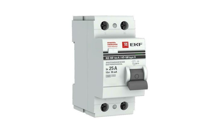 фото - Выключатель дифференциального тока (УЗО) 2п 25А 30мА тип A ВД-100 (электромех.) PROxima EKF elcb-2-25-30-em-a-pro