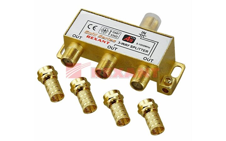 фото - REXANT Делитель ТВ "краб" x 3 + 4шт. F "Box" 5-1000 МГц "Gold" (05-6102-1)